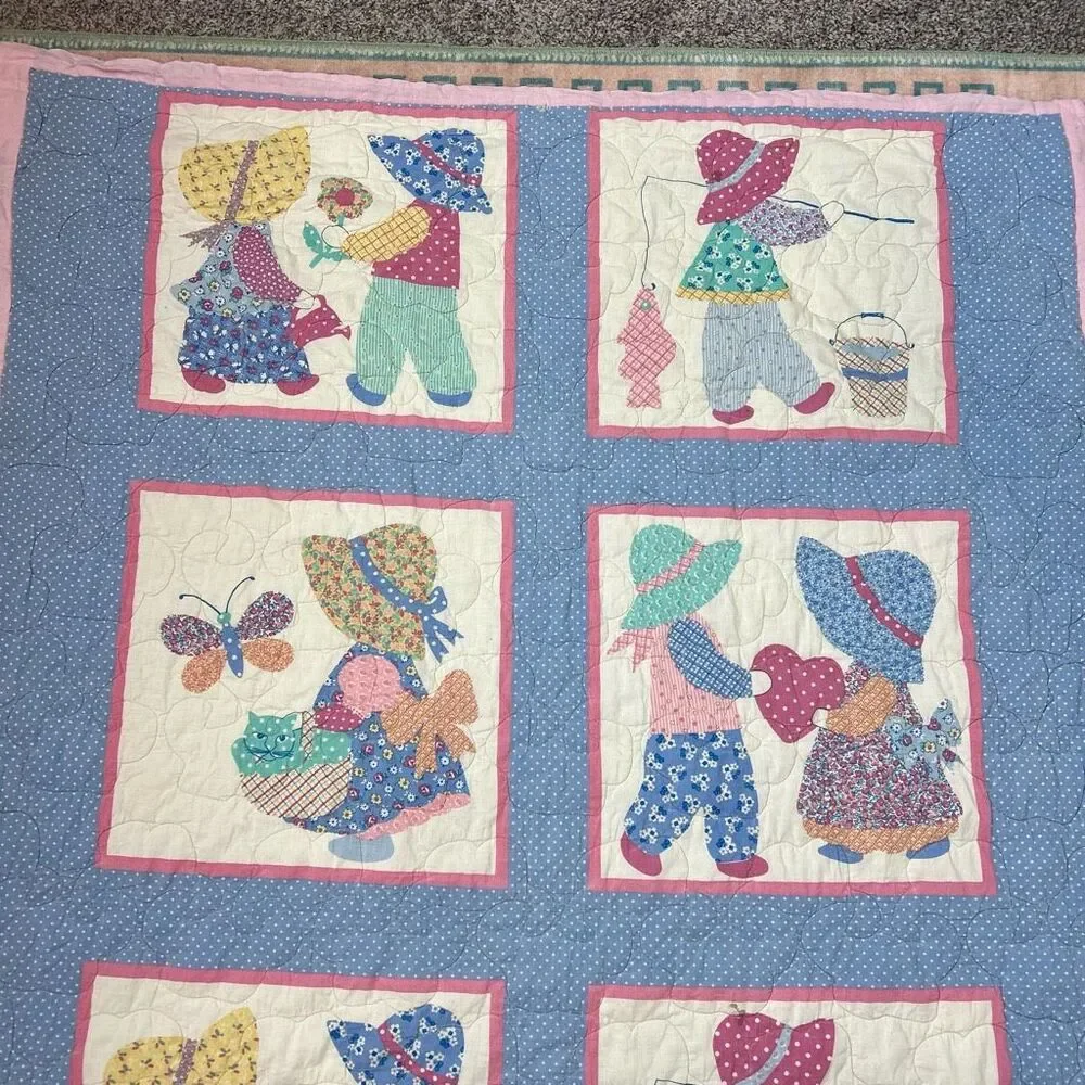 Vintage Sunbonnet Sue Sam Blue Pink Holly Hobby Style Bonnet Throw Quilt 49"x43" - Picture 9 of 15